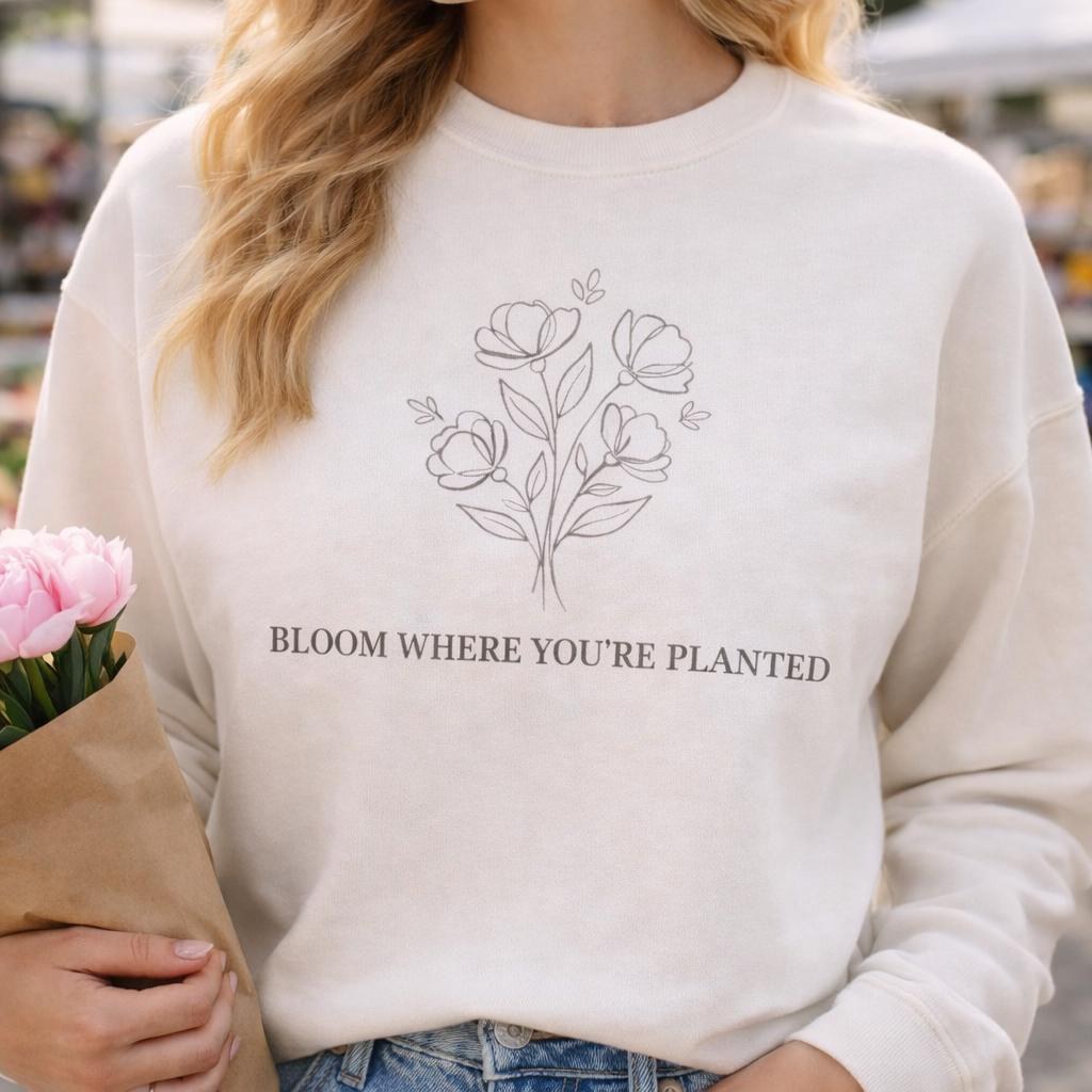 Bloom Where You’re Planted Sweatshirt, Floral Inspirational Crewneck, Motivational Quote Pullover, Self Love Gift, Botanical Graphic Top