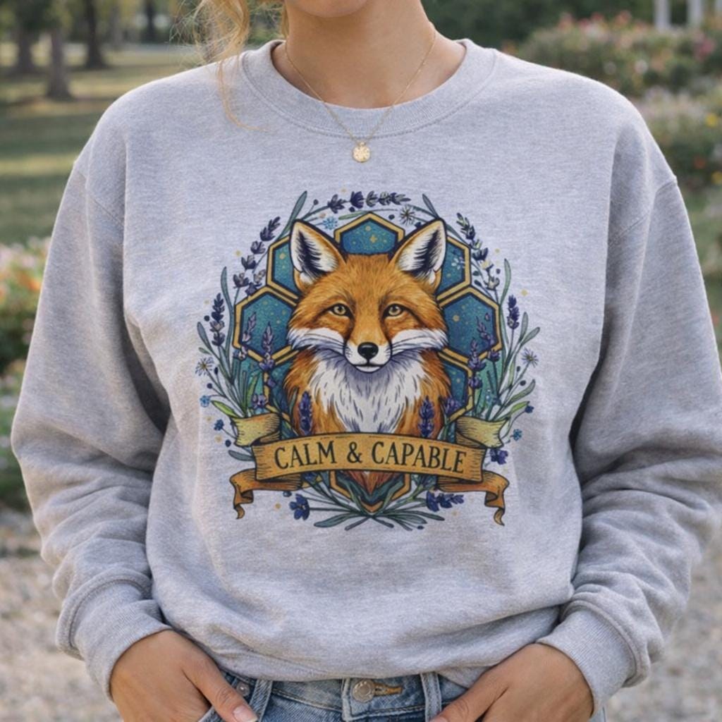Calm & Capable Fox Sweatshirt Inspirational Animal Graphic Pullover Boho Woodland Fox Crewneck Motivational Quote Sweater, Nature Lover Gift