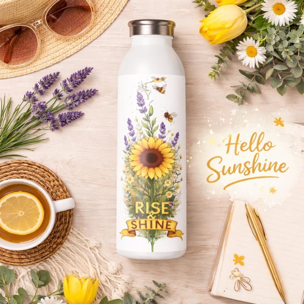 Sunflower Water Bottle Slim Design Bee Theme Floral Tumbler Stainless Steel Insulated Container Travel Thermos Morning Inspiration Garden