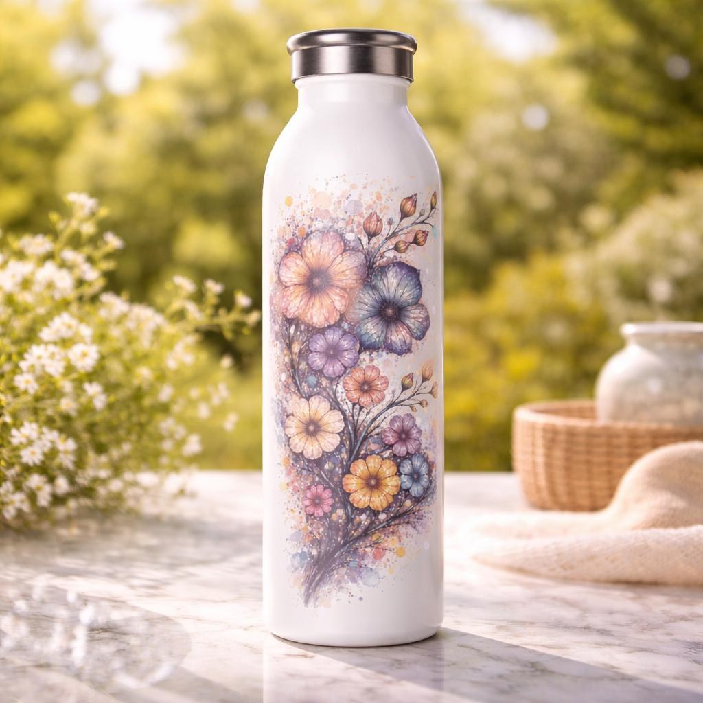 Watercolor Wildflower Bottle, Floral Slim Drinkware, Botanical Steel Flask, Insulated Travel Tumbler, Colorful Garden Design