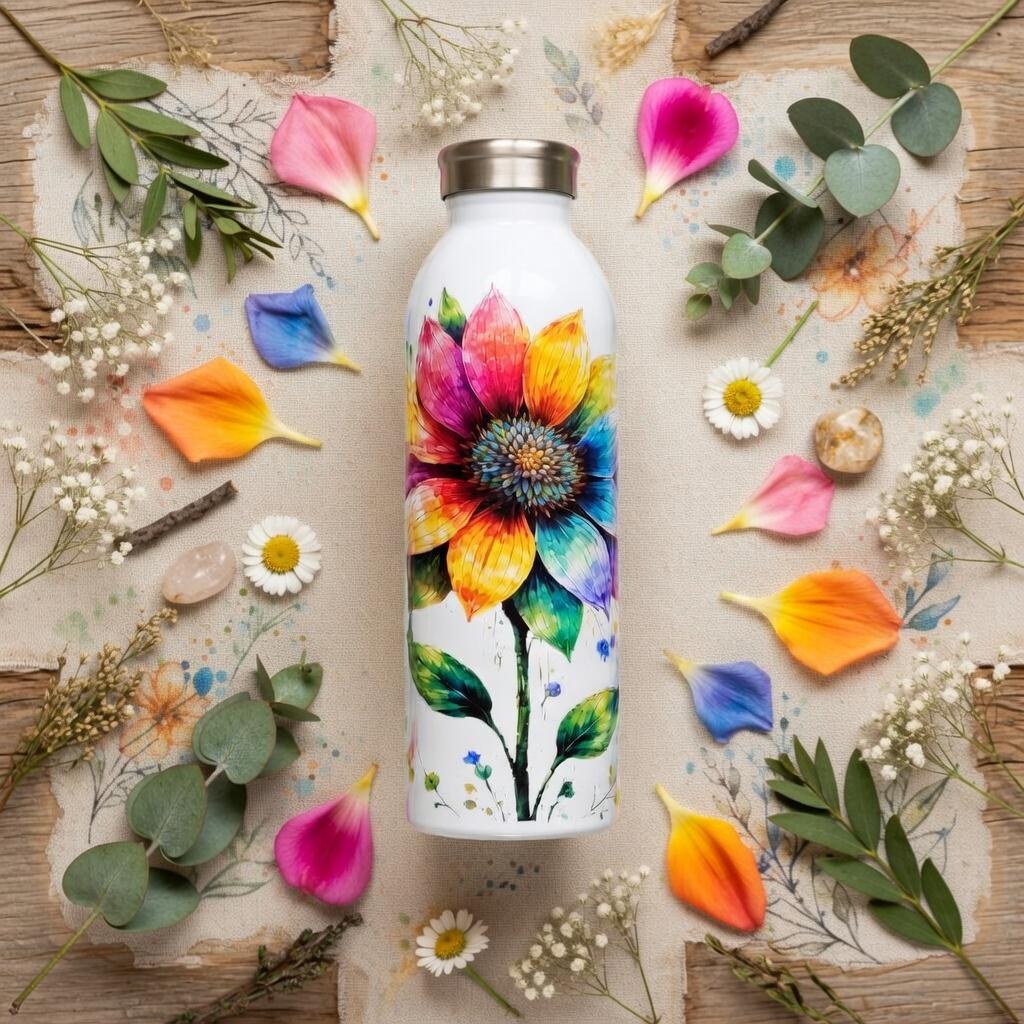 Rainbow Sunflower Water Bottle, Floral Slim Tumbler, Watercolor Flower Drinkware, Insulated Travel Bottle, Cup, Gift for Her