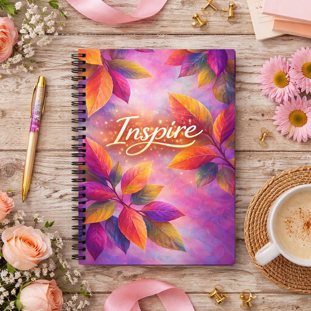 Inspire Floral Notebook Spiral, Motivational Journal, Botanical Leaves Diary, Writing Book, Student School Supplies, Gift