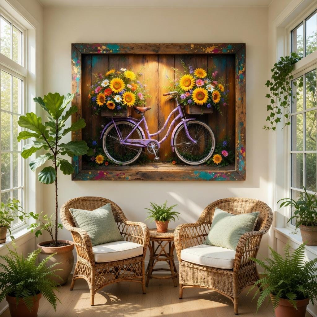 Purple Bicycle with Sunflowers Wall Art Print | Colorful Floral Bike Digital Download | Boho Cottagecore Summer Home Decor