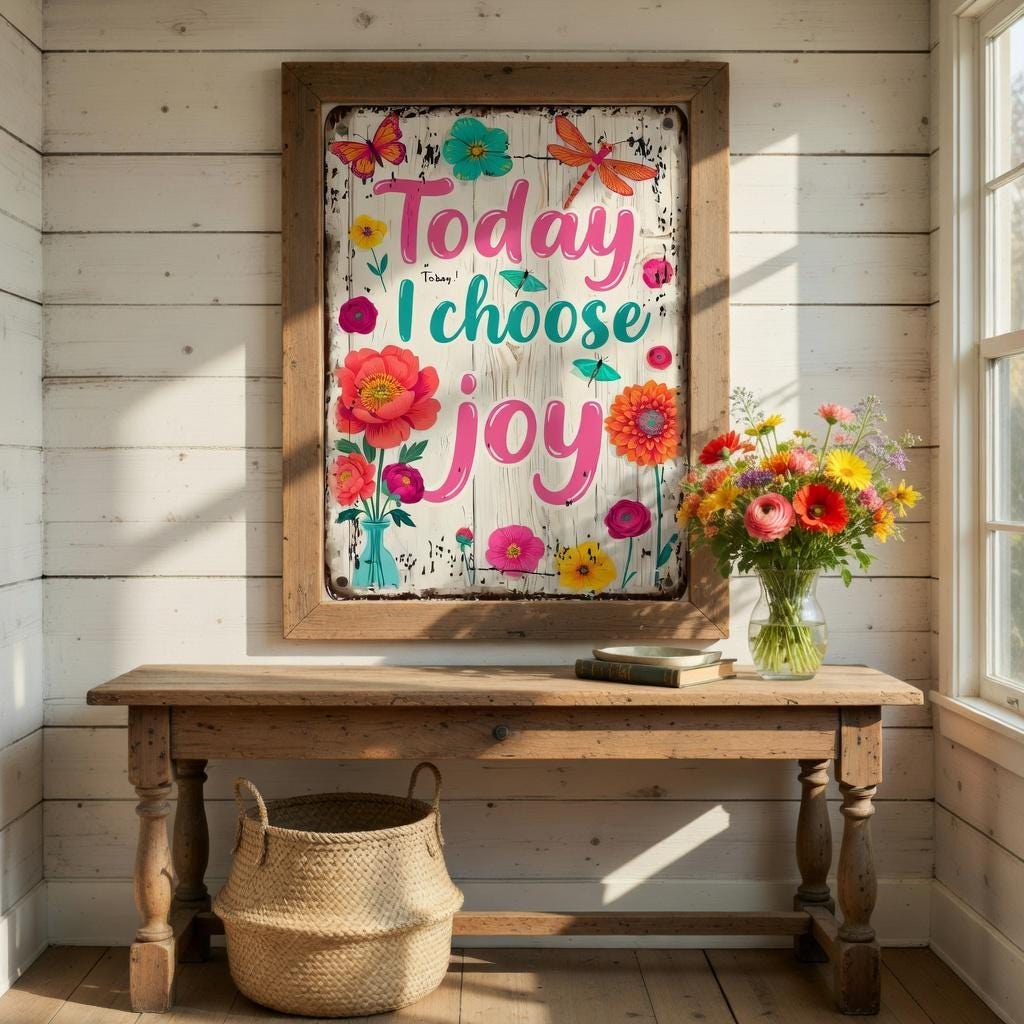 Floral Joy Wall Art | Distressed Wood Motivational Quote (Digital Download)