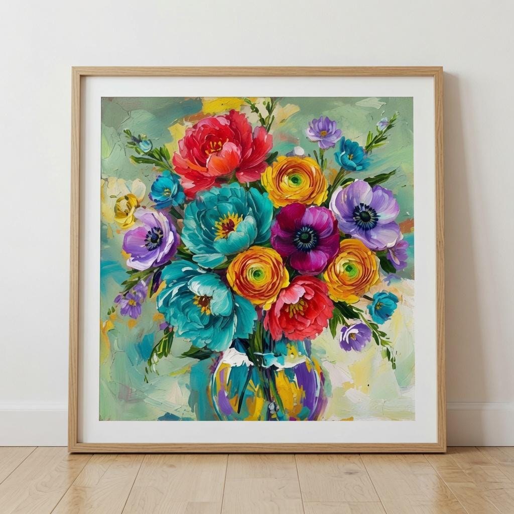 Vibrant Floral Bouquet Oil Painting Print, Colorful Botanical Wall Art Digital Download