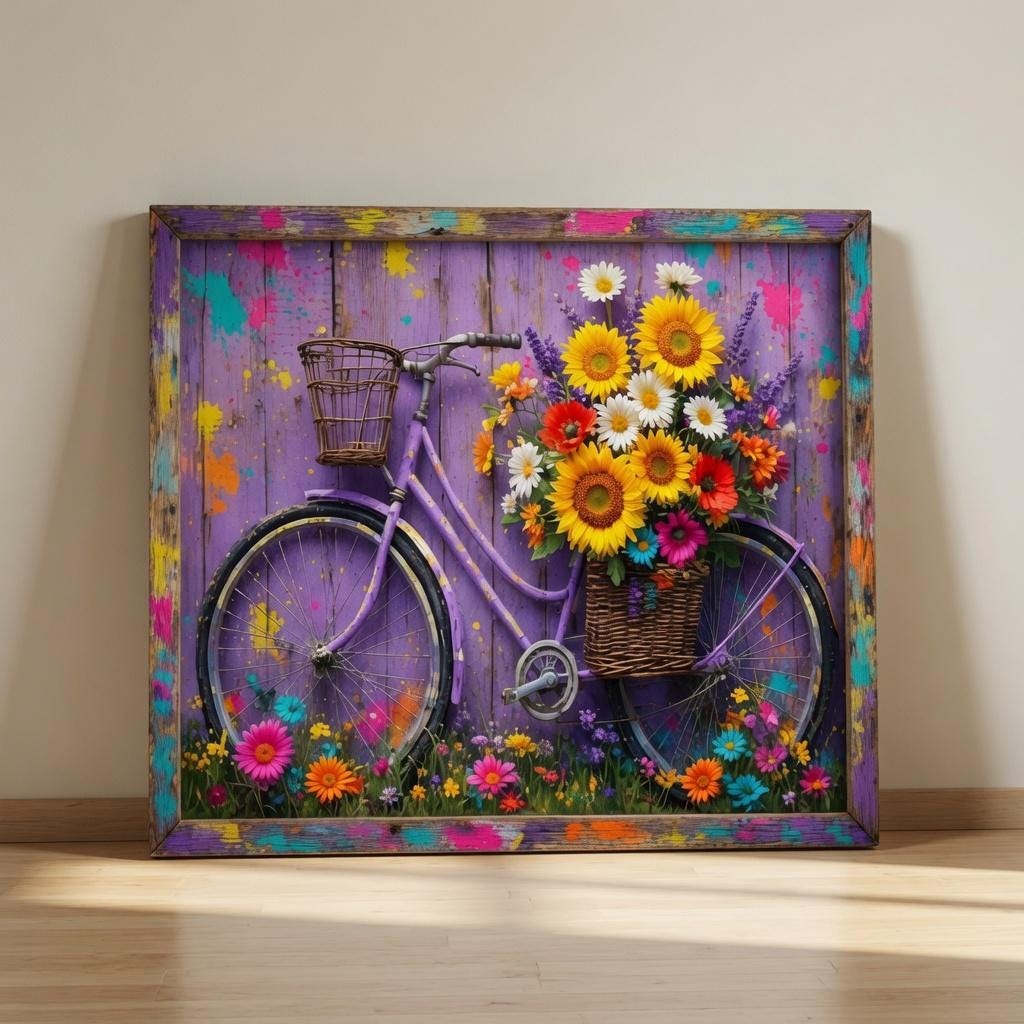 Purple Bicycle Sunflower Basket Wall Art | Colorful Floral Bike Painting | Vibrant Digital Download Printable