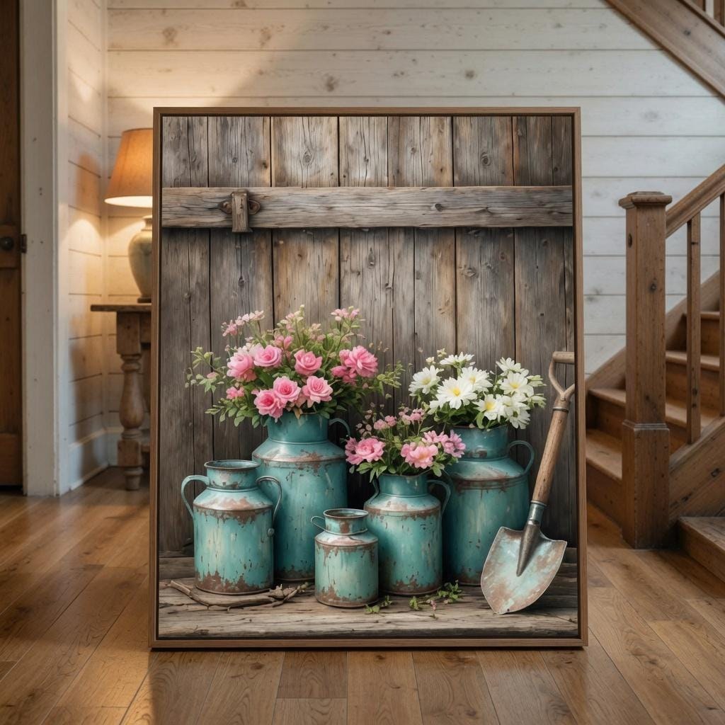 Farmhouse Milk Can Wall Art | Rustic Pink Roses & Shovel Printable | Vintage Floral Digital Download