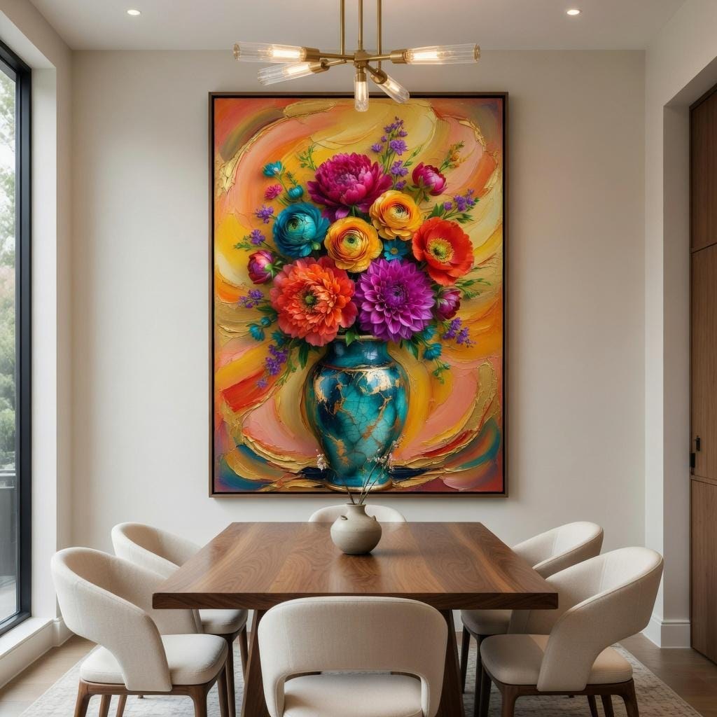 Vibrant Floral Vase Wall Art, Gold Teal Bouquet Print, Botanical Still Life (Digital Download)
