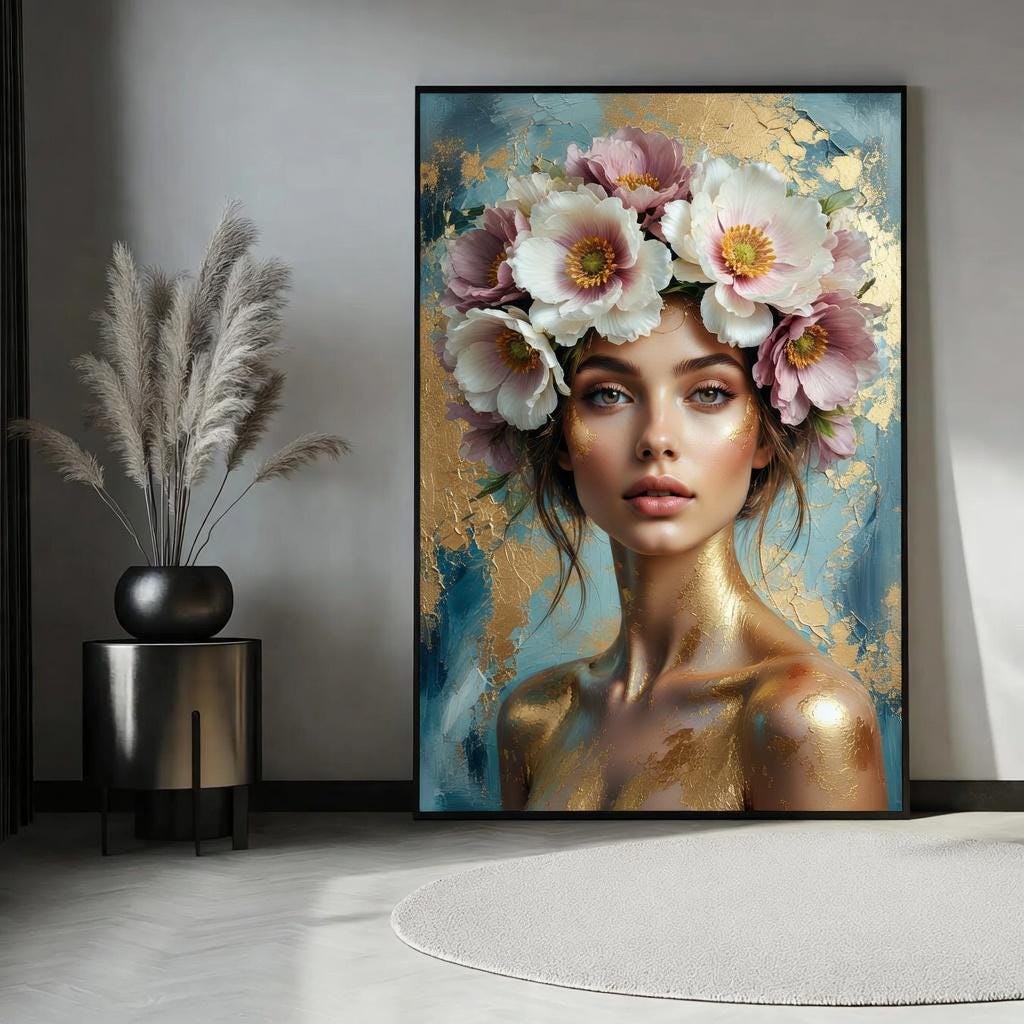 Floral Crown Woman Portrait Wall Art Printable, Botanical Female Face Print, Boho Feminine Decor, Vintage Artwork, Digital Download