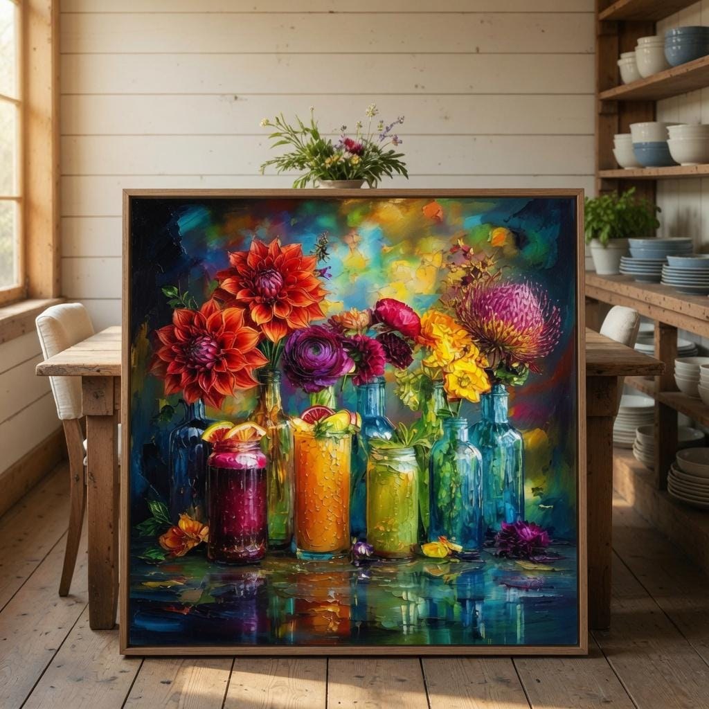 Floral Bottle Wall Art, Colorful Still Life Botanical Print Digital Download