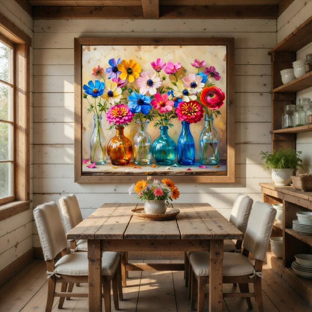 Vibrant Flower Bottle Wall Art Printable, Colorful Floral Still Life Poster, Botanical Artwork, Kitchen Decor, Boho Home Digital Download