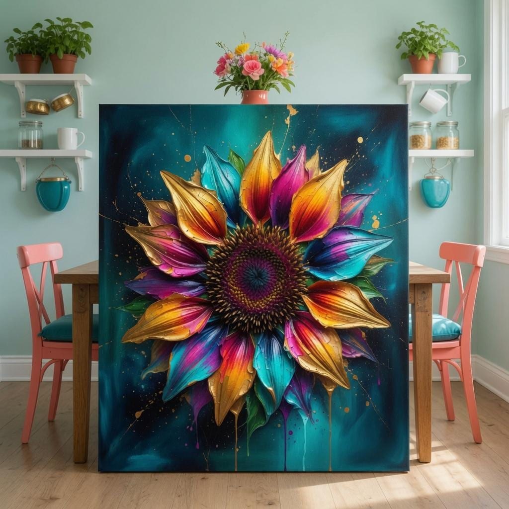 Teal Sunflower Wall Art Printable, Vibrant Floral Poster, Yellow Flower Botanical Artwork, Kitchen Decor, Colorful Boho Digital Download