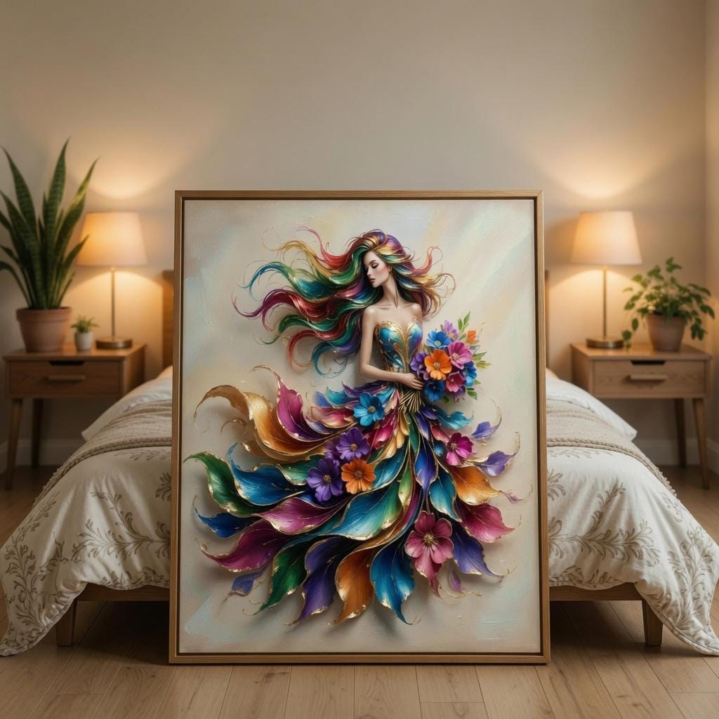 Vibrant Woman Wall Art, Floral Dress Portrait, Boho Abstract Decor (Digital Download)
