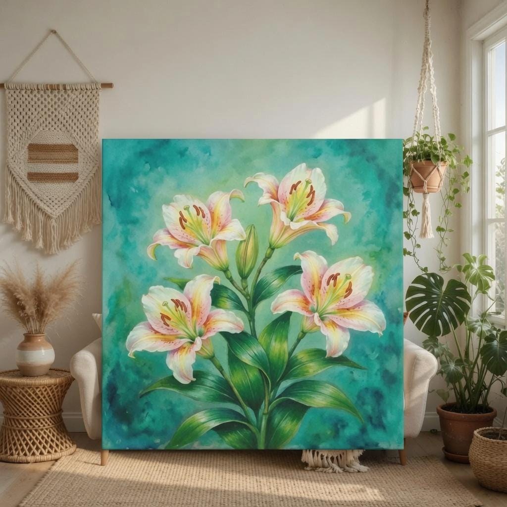 Pastel Lily Wall Art, Pink White Botanical Print, Romantic Boho Floral Decor