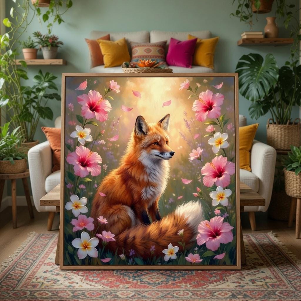 Enchanted Fox Floral Woodland Art Print, Whimsical Botanical Nature Poster (Digital Download)