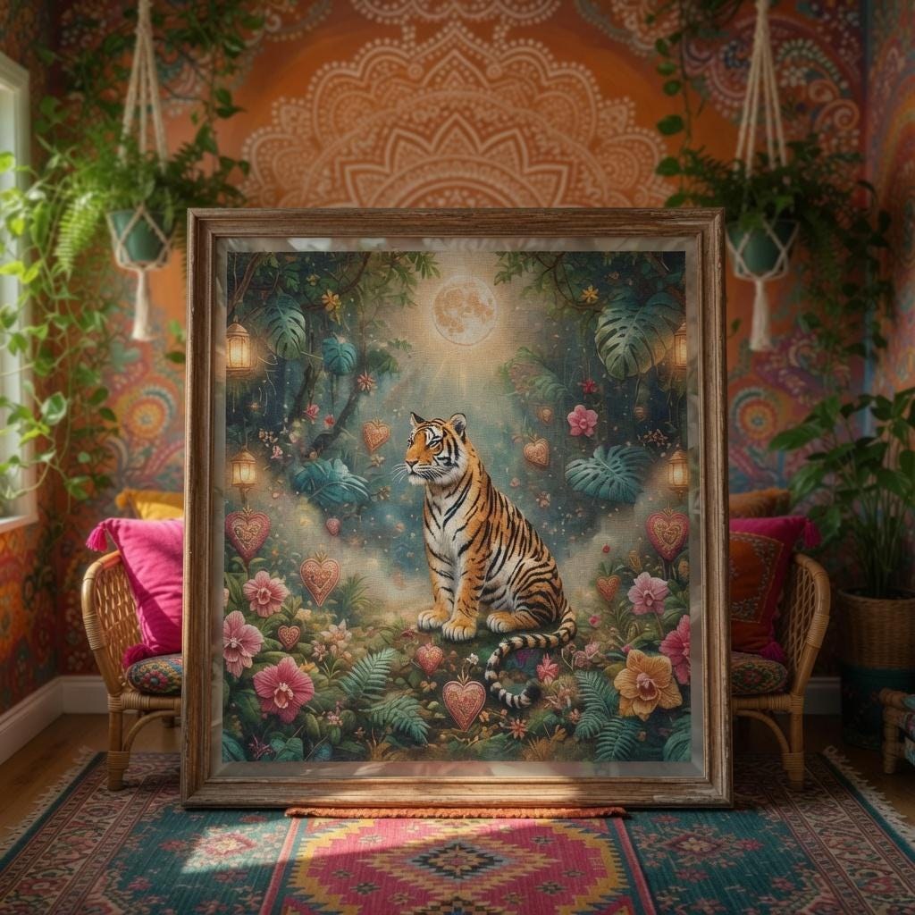 Mystical Tiger Wall Art, Enchanted Jungle Decor, Spiritual Boho Print Digital Download