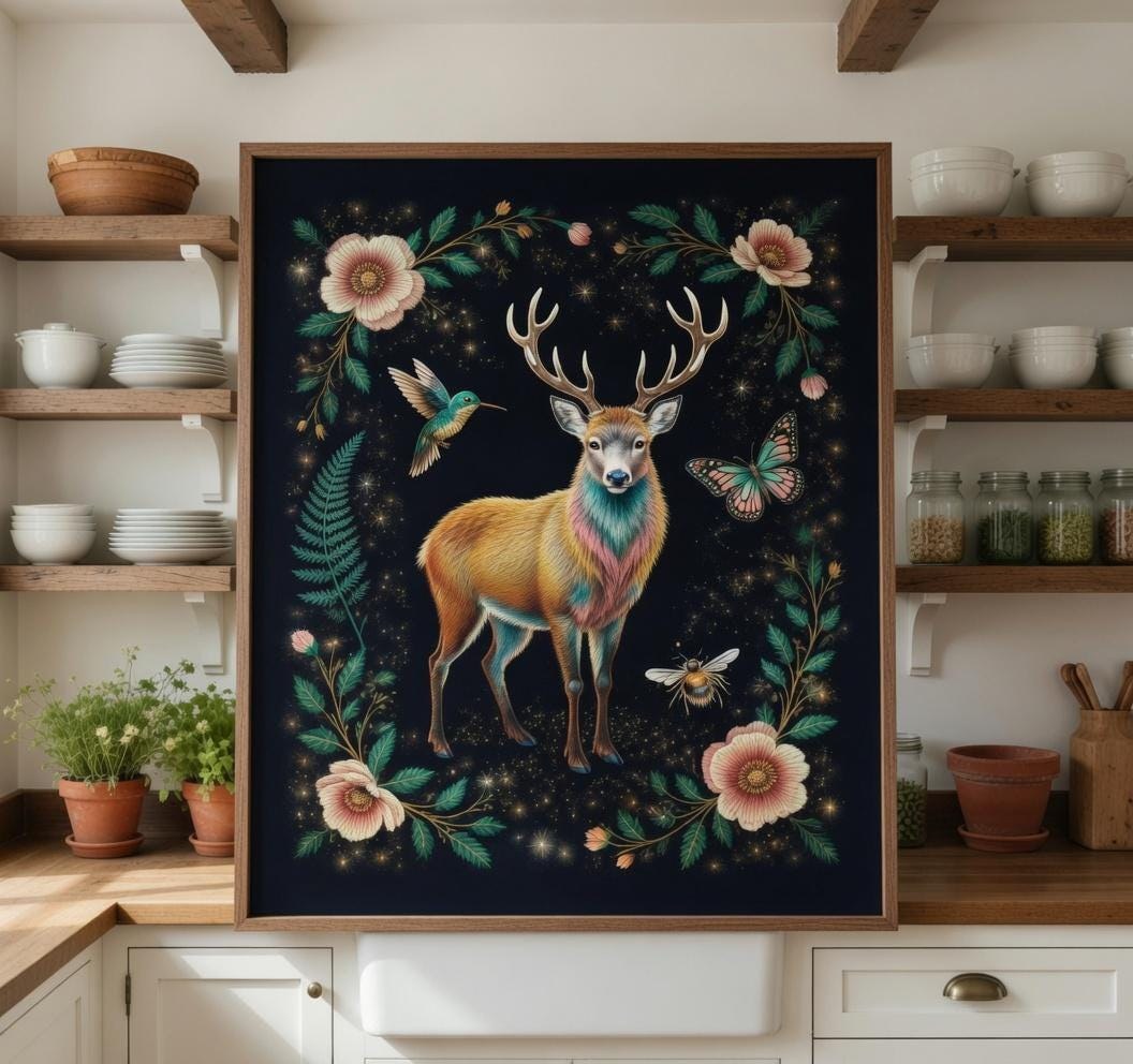 Deer Wall Art Printable, Whimsical Stag Forest Print, Cottagecore Animal, Botanical Nature Poster, Dark Floral Wall Decor