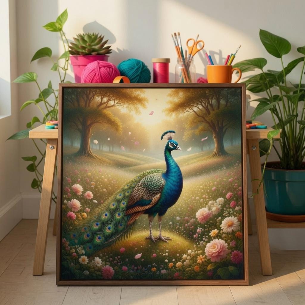 Peacock Wall Art Printable Floral Garden Poster, Vintage Bird Artwork, Nature Print, Elegant Home Decor, Living Room Digital Download