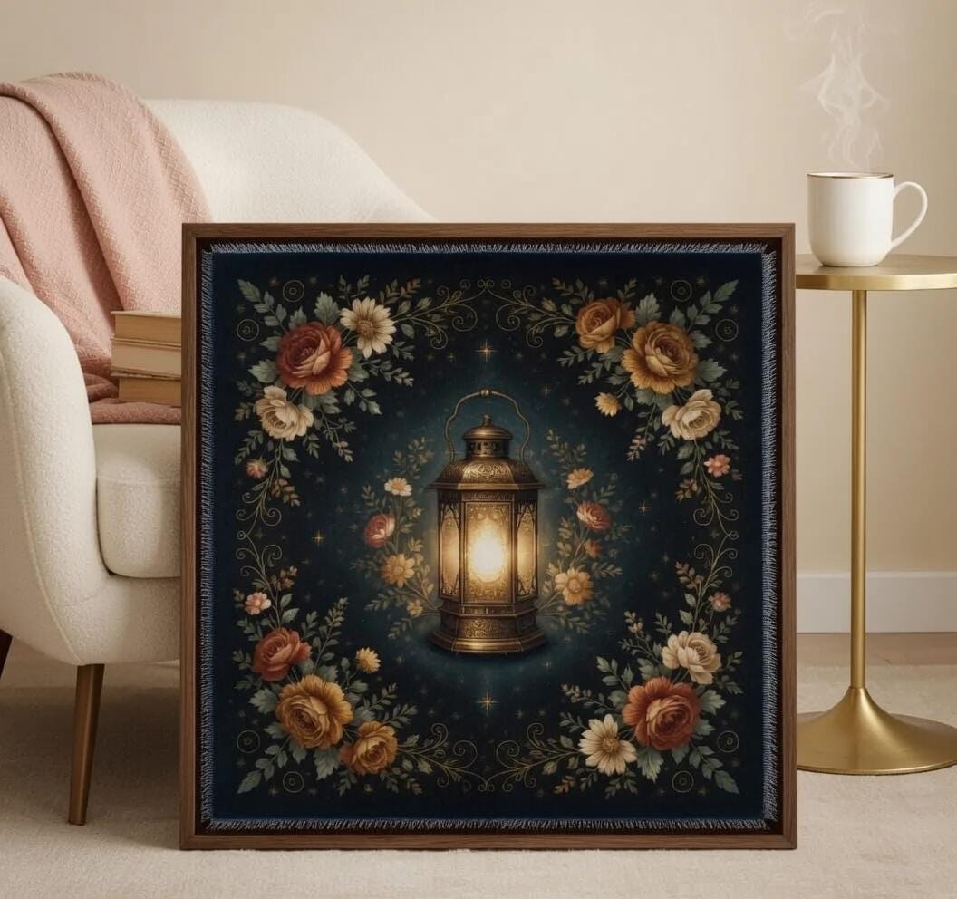 Vintage Lantern Wall Art Printable Floral Frame Poster, Cozy Boho Decor, Rustic Light Artwork, Warm Print, Dark Background Living Room Decor