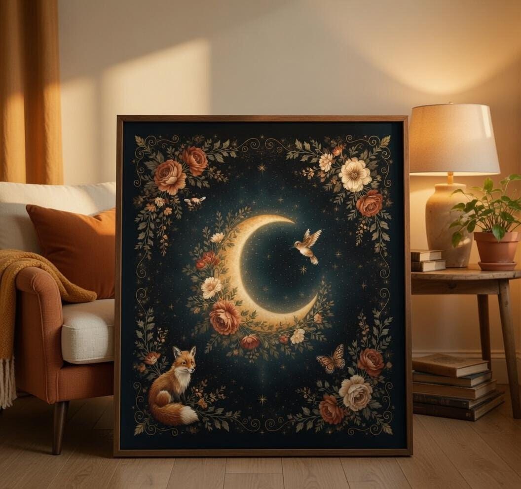 Moon Wall Art Printable, Celestial Floral Poster, Fox Night Sky Artwork, Cottagecore Boho Decor, Vintage Nature Digital Download