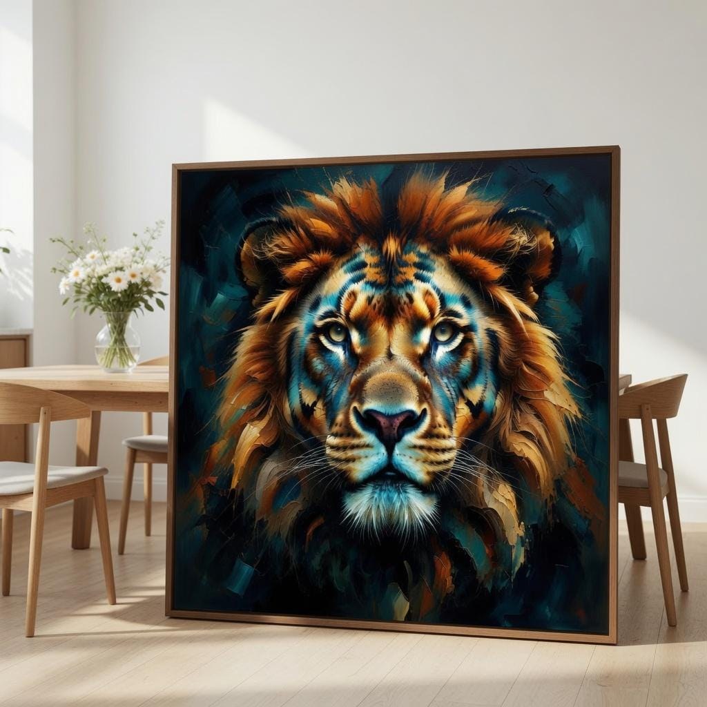 Lion Wall Art Printable, Colorful Animal Portrait Poster, Modern Wildlife Artwork, Bold Masculine Decor, Living Room Digital Download