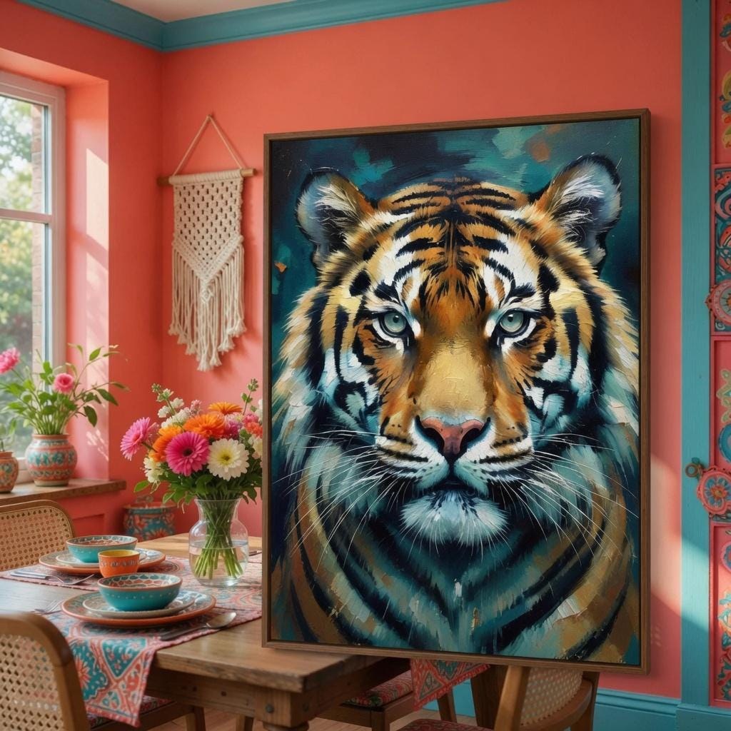 Vibrant Tiger Wall Art, Colorful Animal Portrait, Boho Maximalist Print (Digital Download)