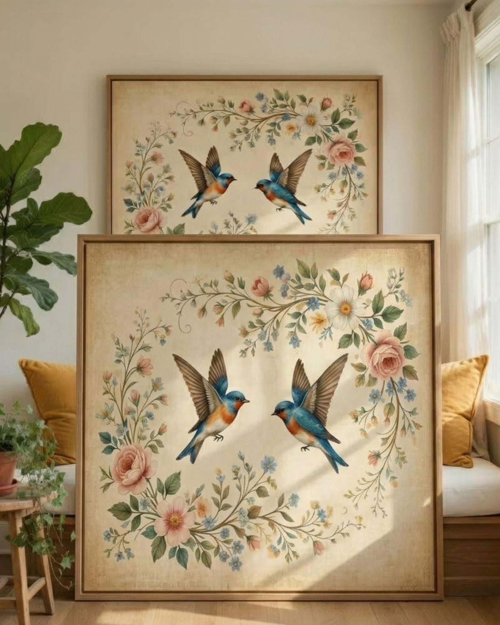 Vintage Botanical Bird Print, Hummingbird Floral Garden Art (Digital Download)