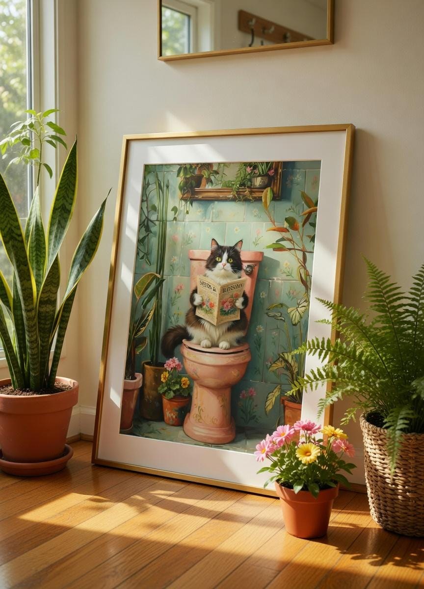 Cat Reading on Toilet Maximalist Art Print, Eclectic Bathroom Decor (Digital Download)