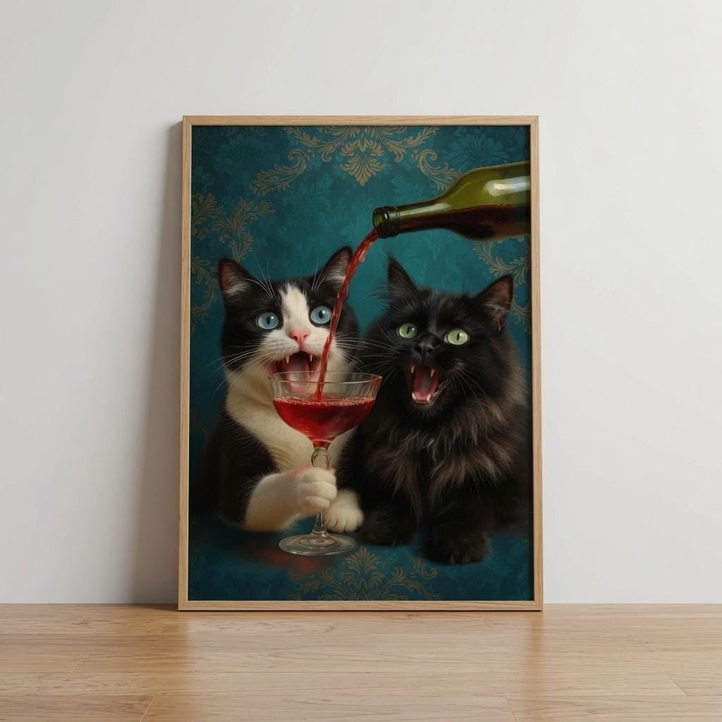 Funny Black Cat Wall Art, Moody Wine Lover Portrait, Dark Humor Gothic (Digital Download)