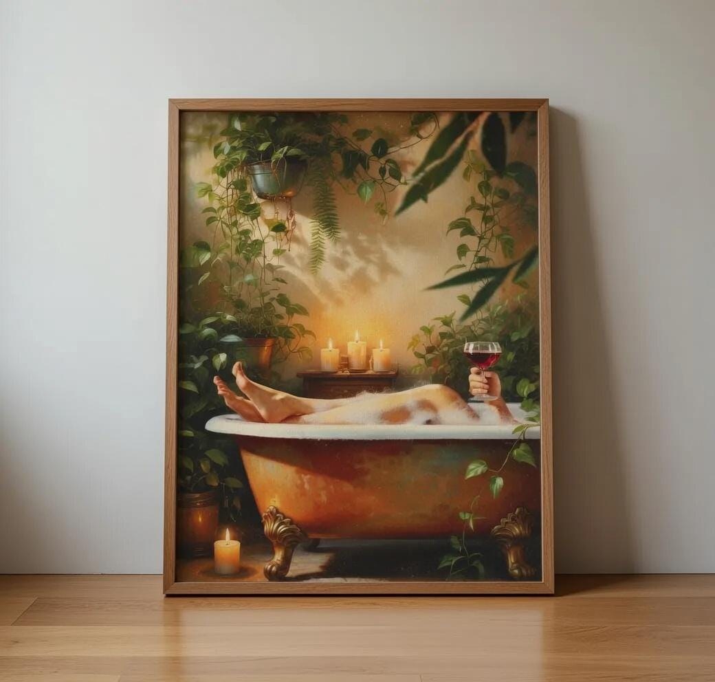 Woman Relaxing Bath Art, Retro Ambiance, Wine, Candles, Botanical Decor (Digital Download)