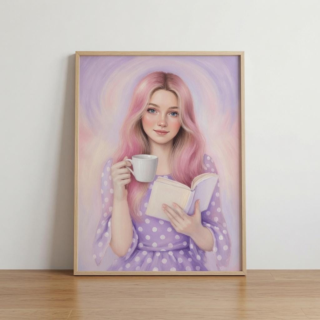 Girl Reading Book, Pink Hair, Coffee Cup, Pastel Swirls Art Print (Digital Download)