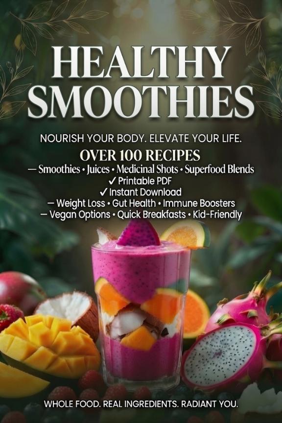 Healthy Smoothie Recipe Book PDF, 102 Smoothie Recipes, Printable Digital Cookbook, Detox Juice Recipes
