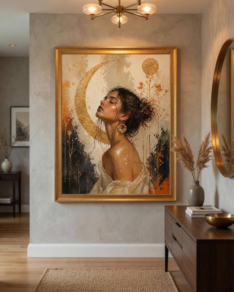 Golden Moon Celestial Woman Portrait, Boho Floral Art (Digital Download)