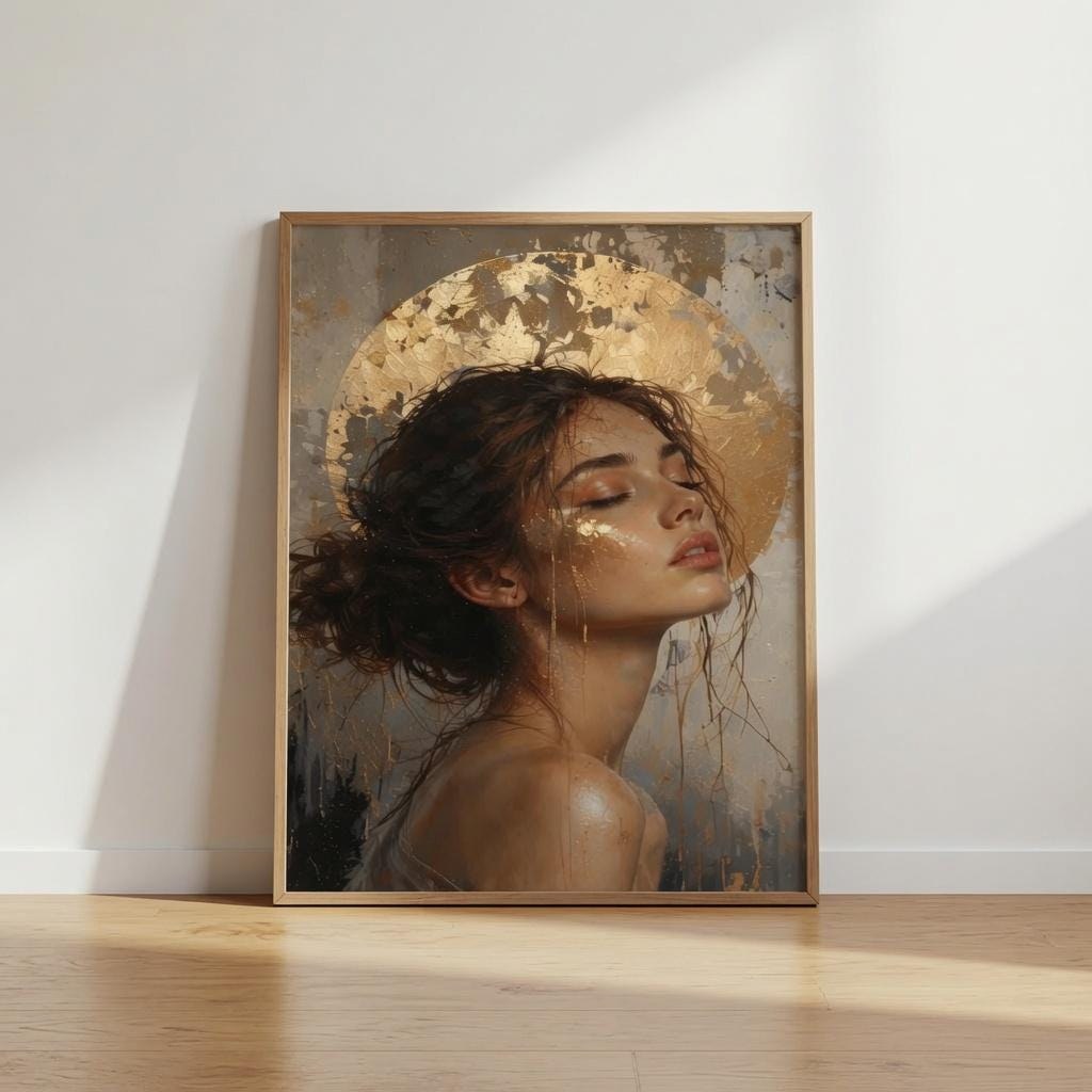 Boho Woman Portrait Art, Golden Abstract Beauty, Neutral Bedroom Poster (Digital Download)
