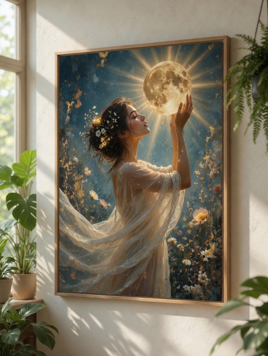 Moon Goddess Printable, Celestial Woman Poster, Full Moon Fantasy Painting Mystical Decor, Digital Download, Bedroom Living Room Artwork