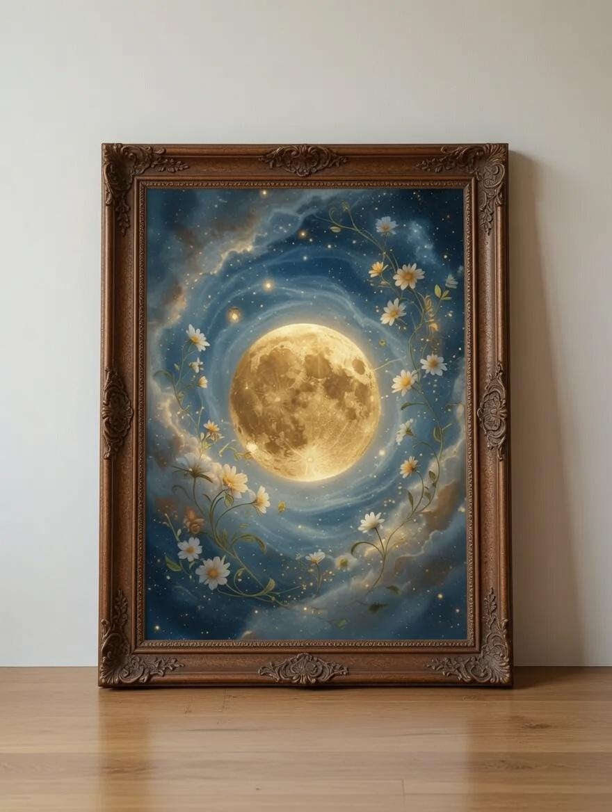 Full Moon Printable, Celestial Nightscape Poster, Boho Bedroom Painting, Mystical Floral Decor, Digital Download, Cozy Room Artwork