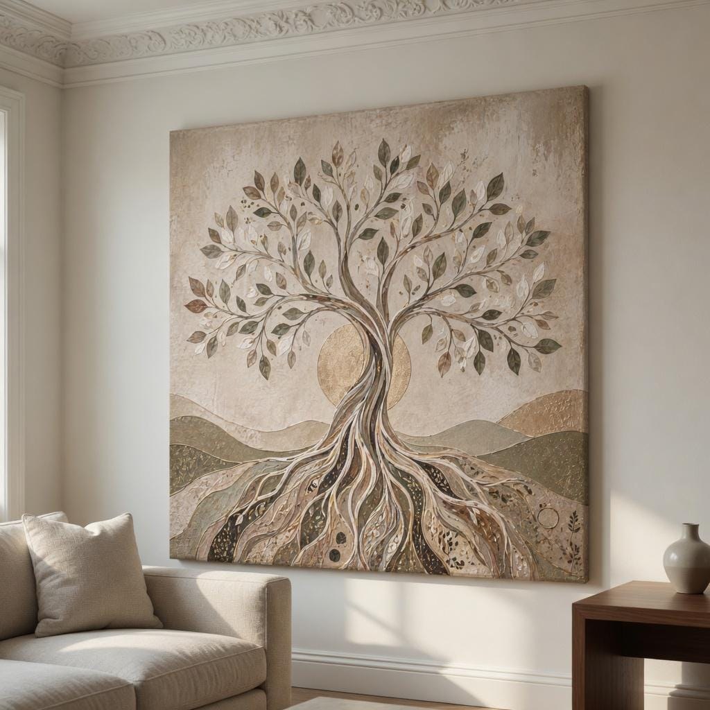 Tree Of Life Wall Art, Neutral Botanical Artwork, Boho Nature Painting, Earth Tone Decor, Spiritual Wall Hanging, Living Room Bedroom Decor