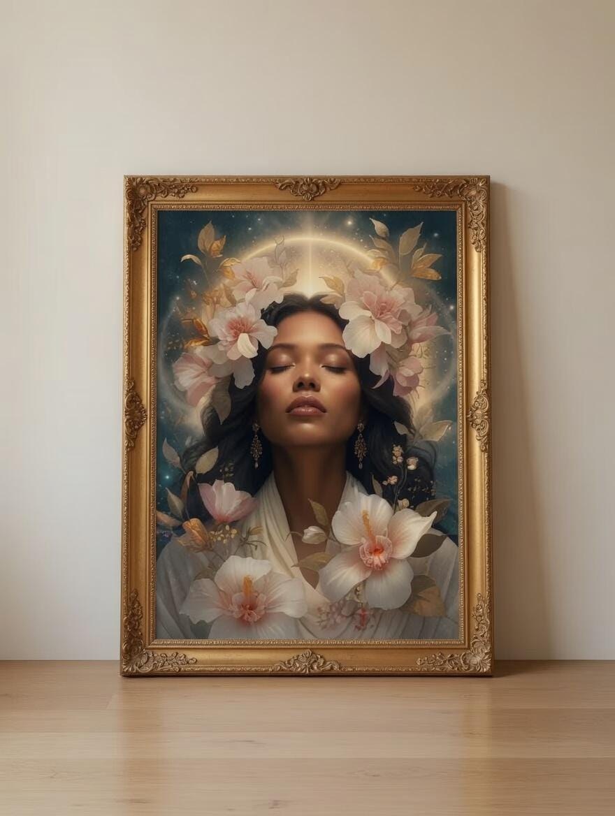 Black Woman Wall Art Printable, Floral Goddess Portrait, Boho Feminine Decor, Spiritual Print, Celestial Beauty Artwork, Home Office Decor