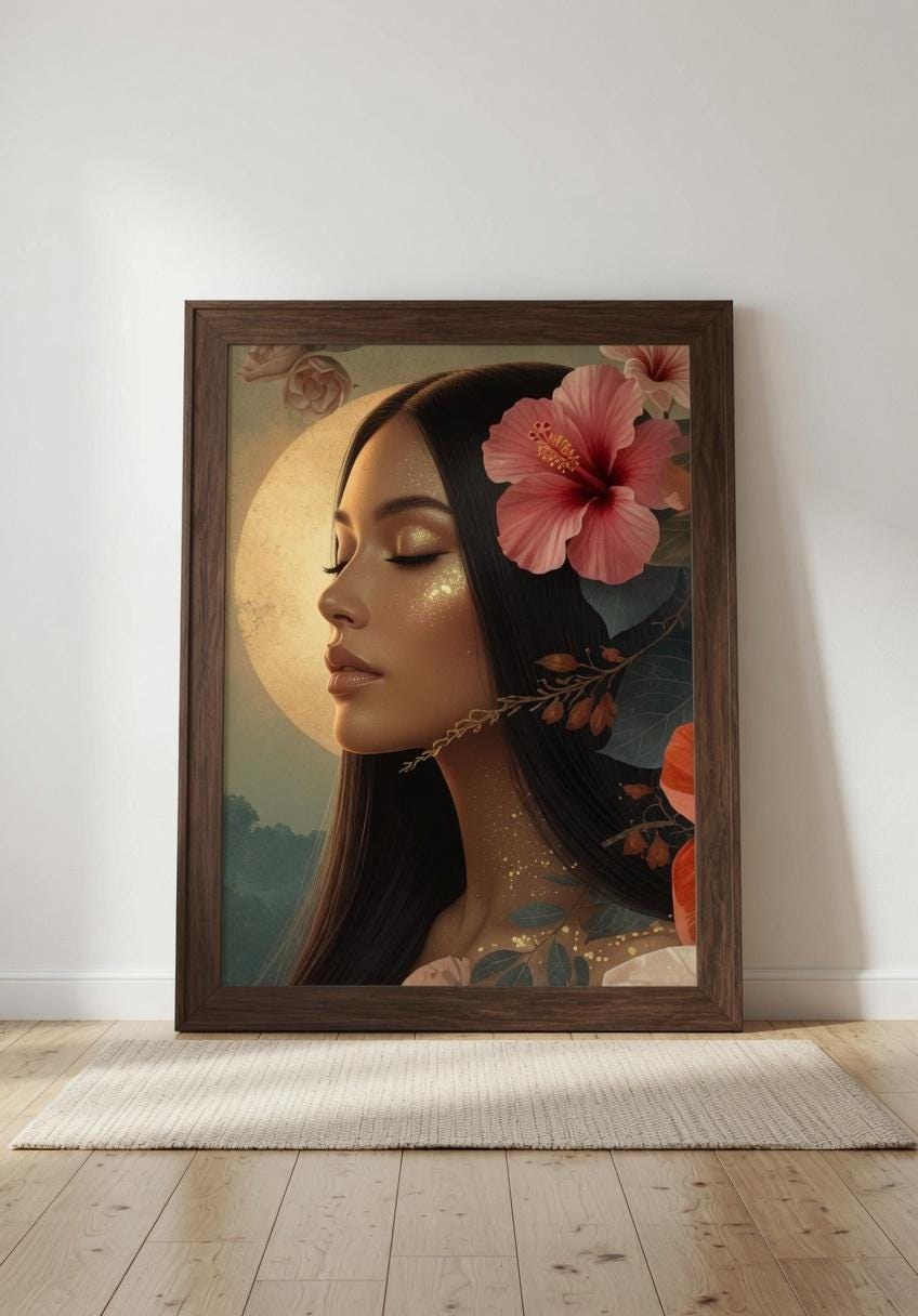 Boho Woman Floral Portrait Print, Celestial Neutral Wall Art
