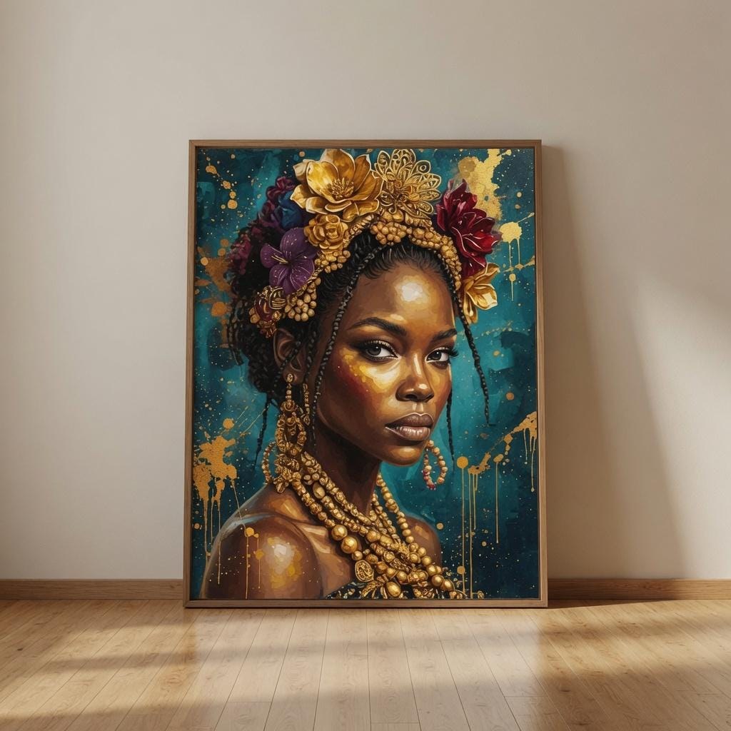 Afrocentric Queen Portrait, Melanin Beauty Wall Art, Boho Decor
