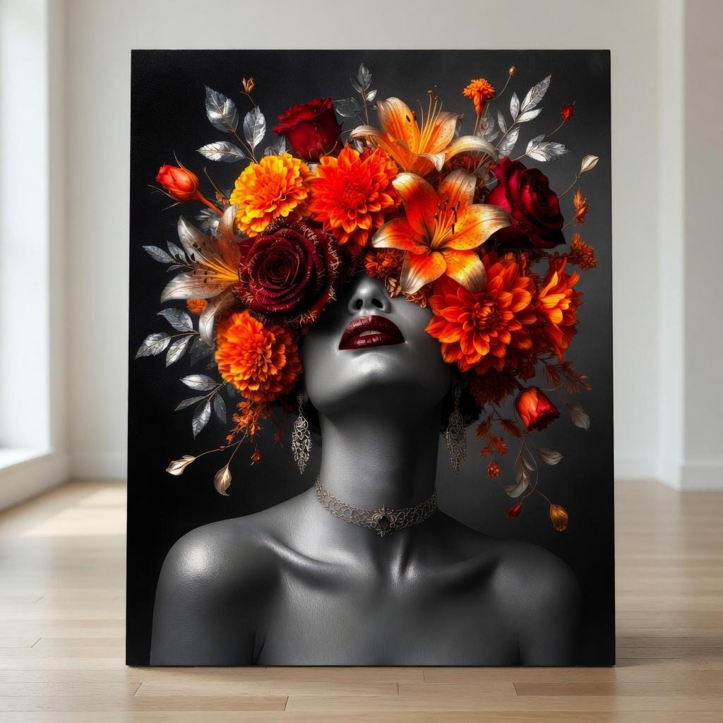 Dark Floral Woman Portrait, Moody Feminine Wall Art, Gothic Botanical Poster (Digital Download)