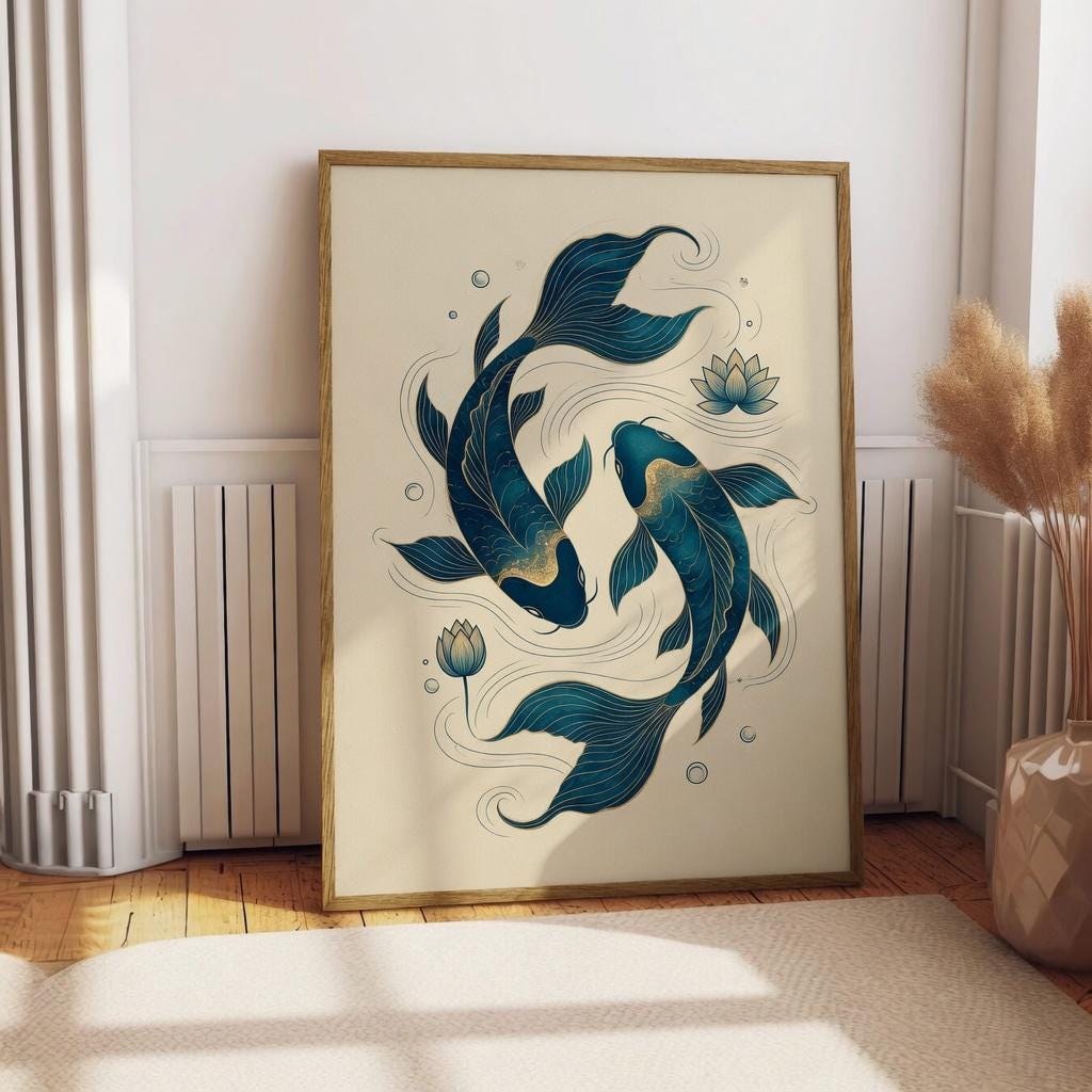 Blue Koi Fish Artwork, Japanese Vintage Poster, Japandi Style Printable (Digital Download)