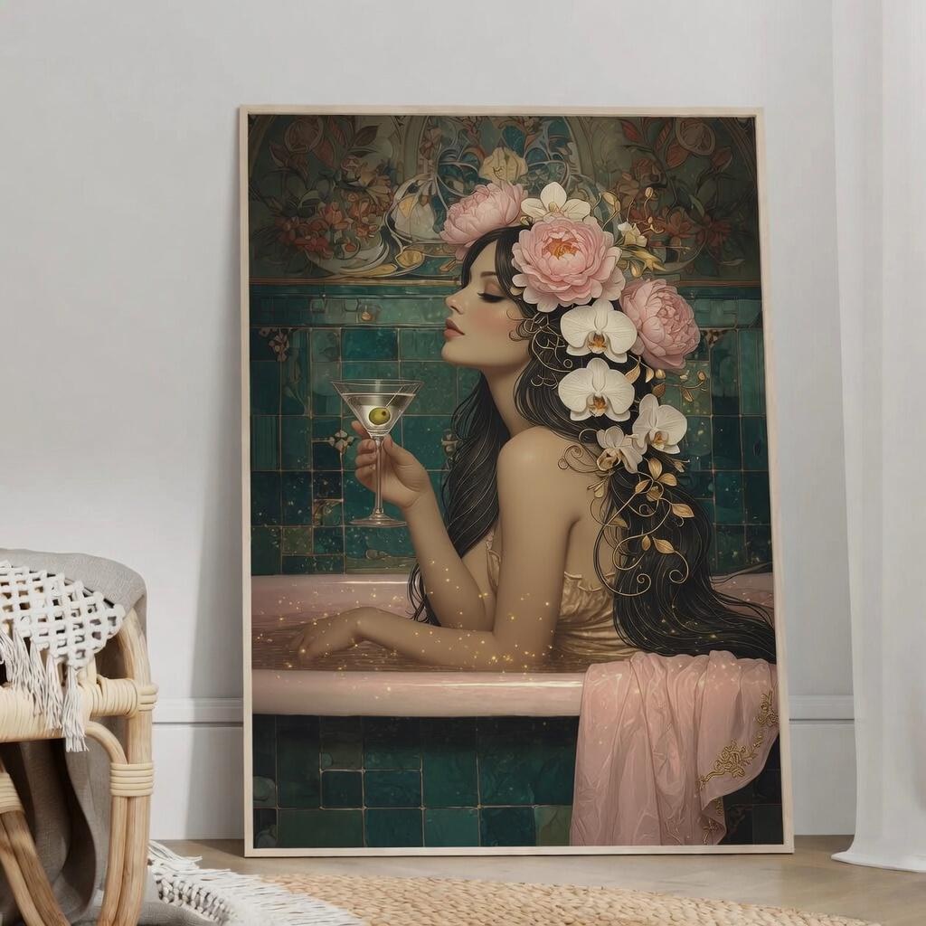 Coquette Bathtub Artwork, Feminine Bathroom Poster, Pink Bow Printable, Vintage Glam Parisian Decor Digital Download