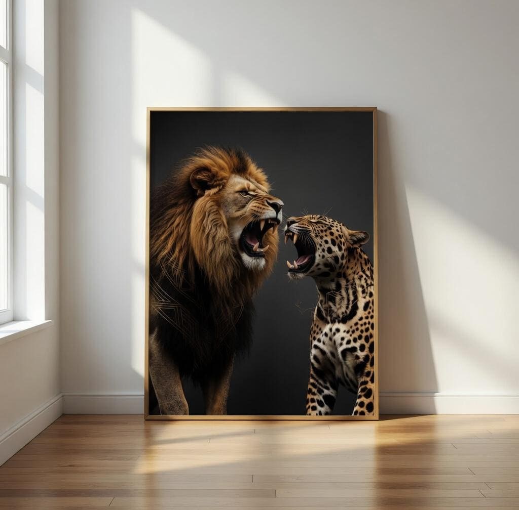 Lion and Leopard Wall Art, Trendy Animal Print, Maximalist Fashion Poster, Chic Safari Decor, Bold Neutral Artwork, Digital Download