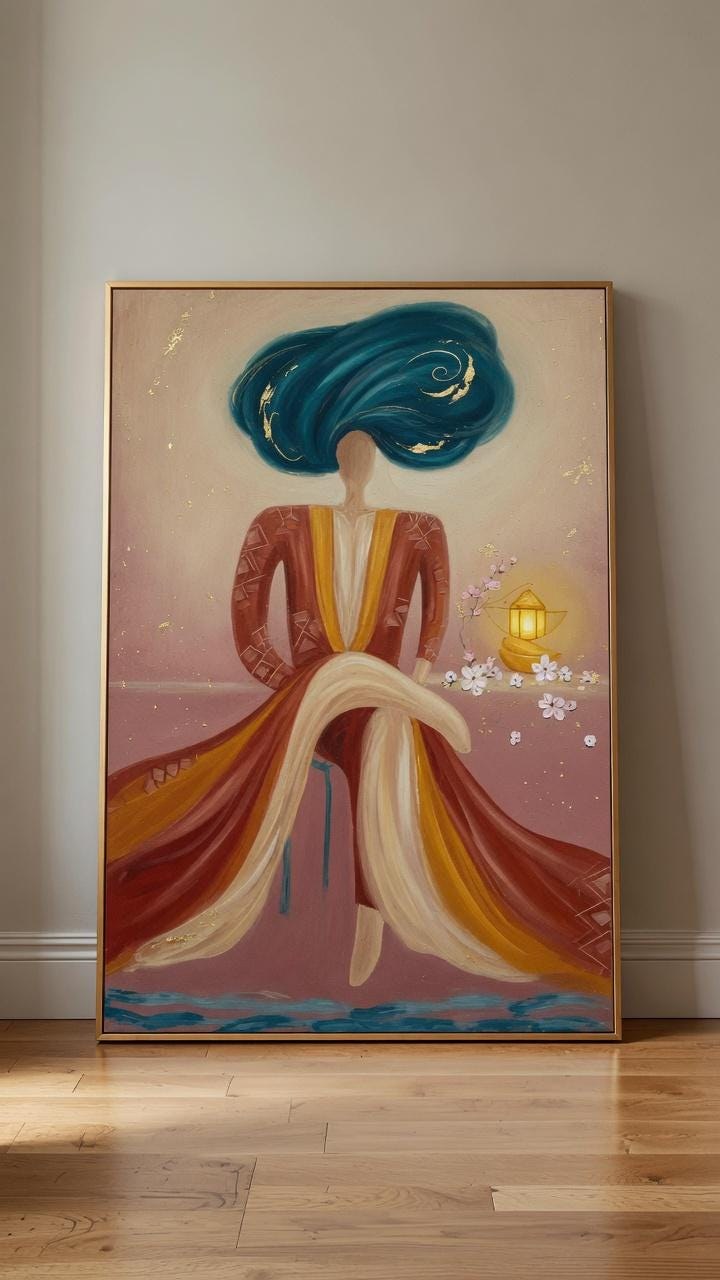 Abstract Woman Portrait Painting, Flowing Blue Hair, Lantern Accent Wall Art