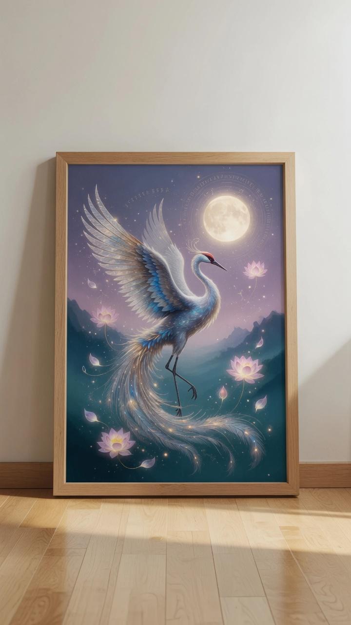 Golden Moon Crane Wall Art, Japanese Bird Poster, Vintage Asian Printable, Japandi Wall Decor, Heron Artwork, Neutral Digital Download