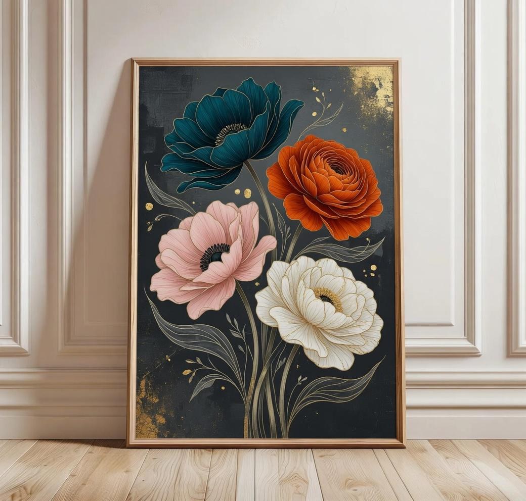 Floral Wall Art Print: Dark Botanical Flowers, Boho Bedroom Decor