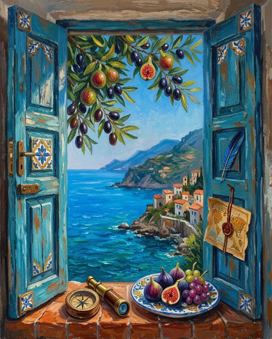 Mediterranean Window View Wall Art, Coastal Grape Vine Print, Italian Seaside Decor, Tuscan Landscape Poster