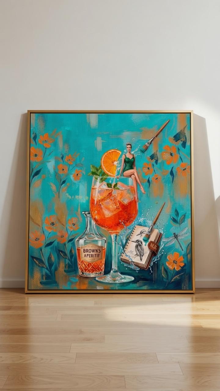 Aperol Spritz Wall Art, Retro Cocktail Poster, Woman Sitting In Glass Print, Vintage Bar Cart Decor, Summer Drink Artwork