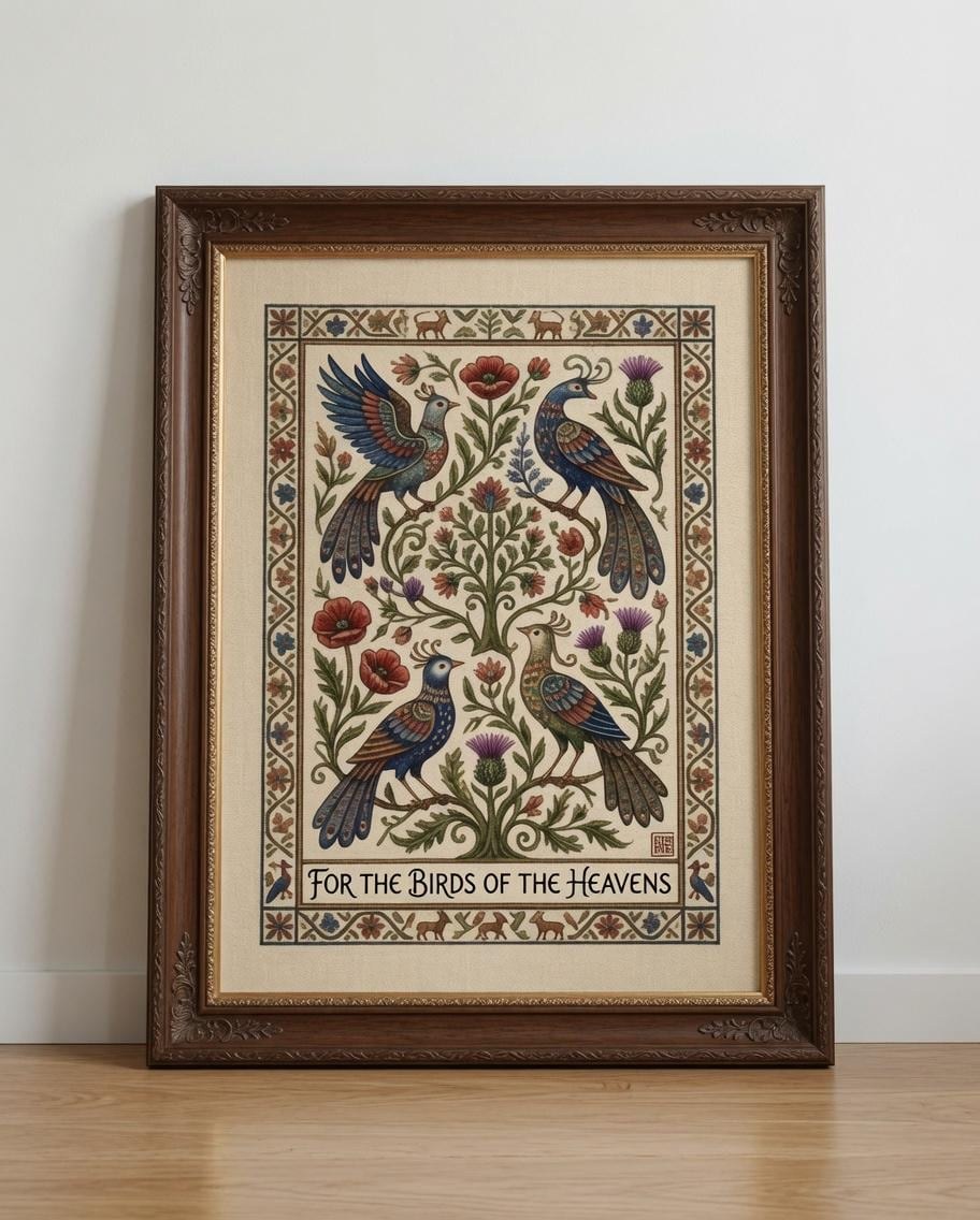 Vintage Birds Folk Art Print, Cottagecore Botanical Poster, Dark Academia Nature Decor (Digital Download)